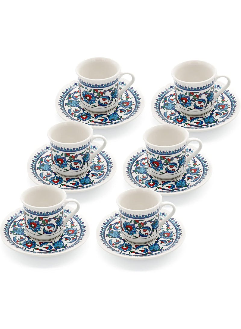 طقم فناجين قهوة تركية - طقم من 6 فناجين قهوة تركية مع صحون وحامل فناجين للمنزل والمكتب، مصنوع من السيراميك يحافظ على دفء القهوة، آمن للغسل في غسالة الصحون - Image 1